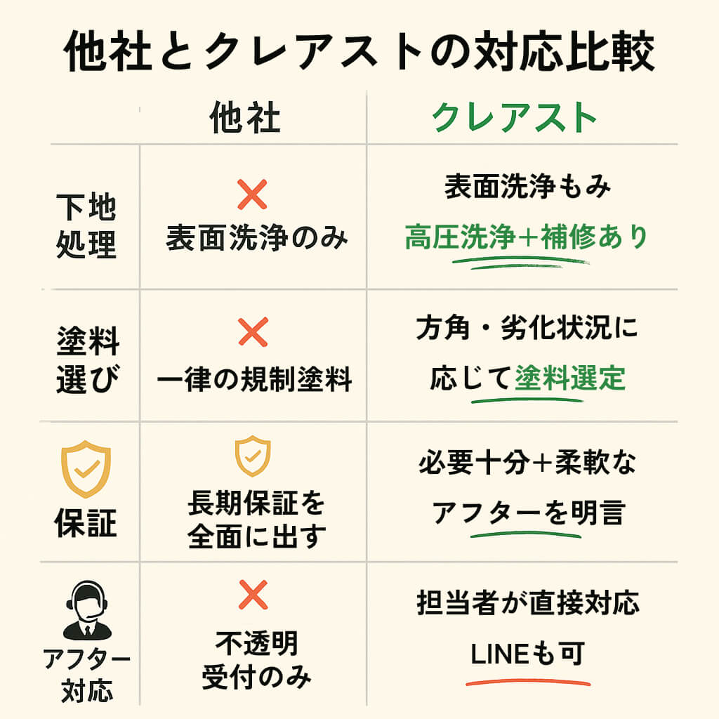 他社とクレアストの対応比較表