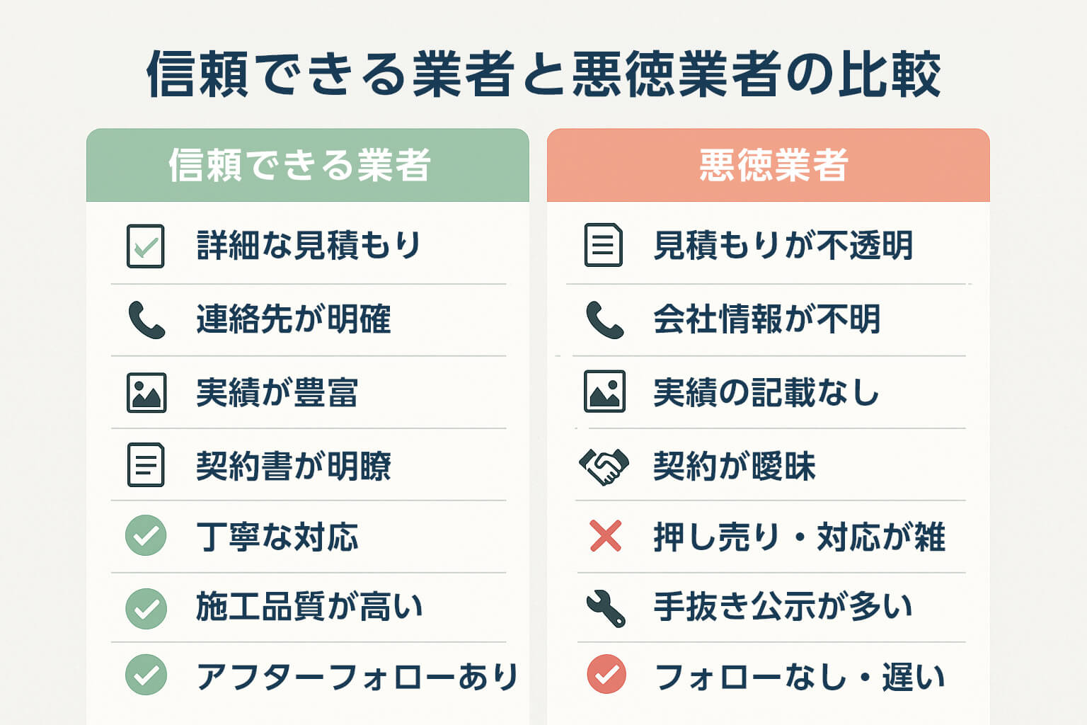 信頼できる外壁塗装業者と悪徳業者の比較表