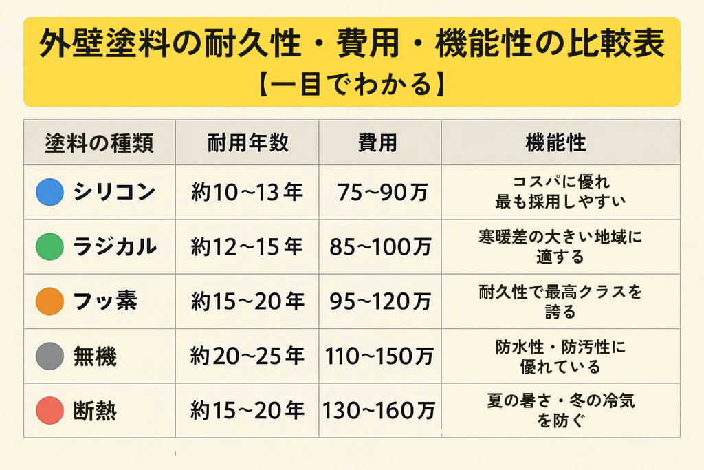 外壁塗料の耐久性・費用・機能性の比較表【一目でわかる】